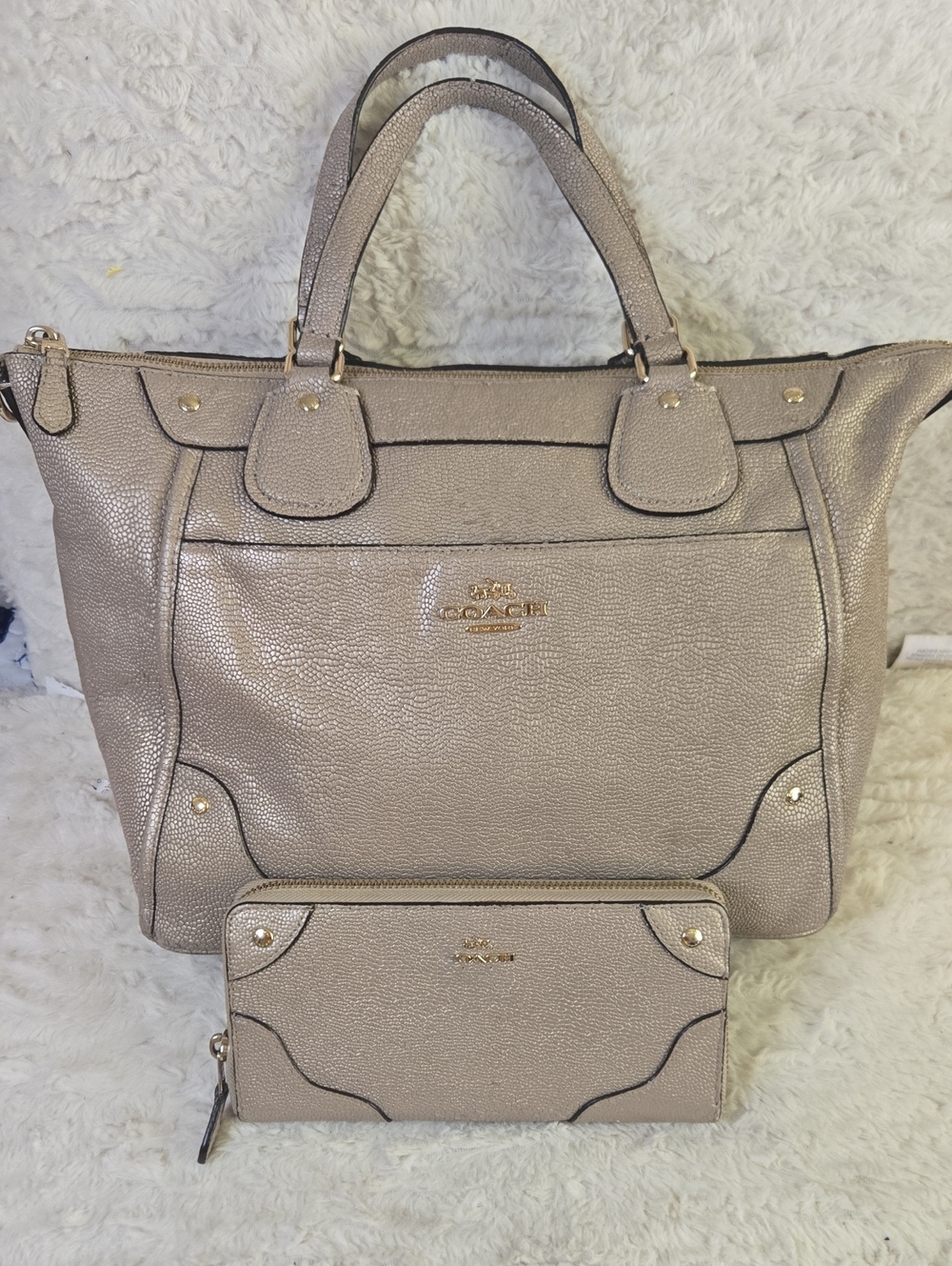 Coach Metallic Taupe Pebble Leather Tote with Matching Zip Wallet